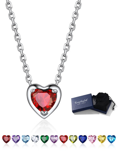Silver Necklace for Women 925 Sterling Silver Birthstone Love Heart Necklace